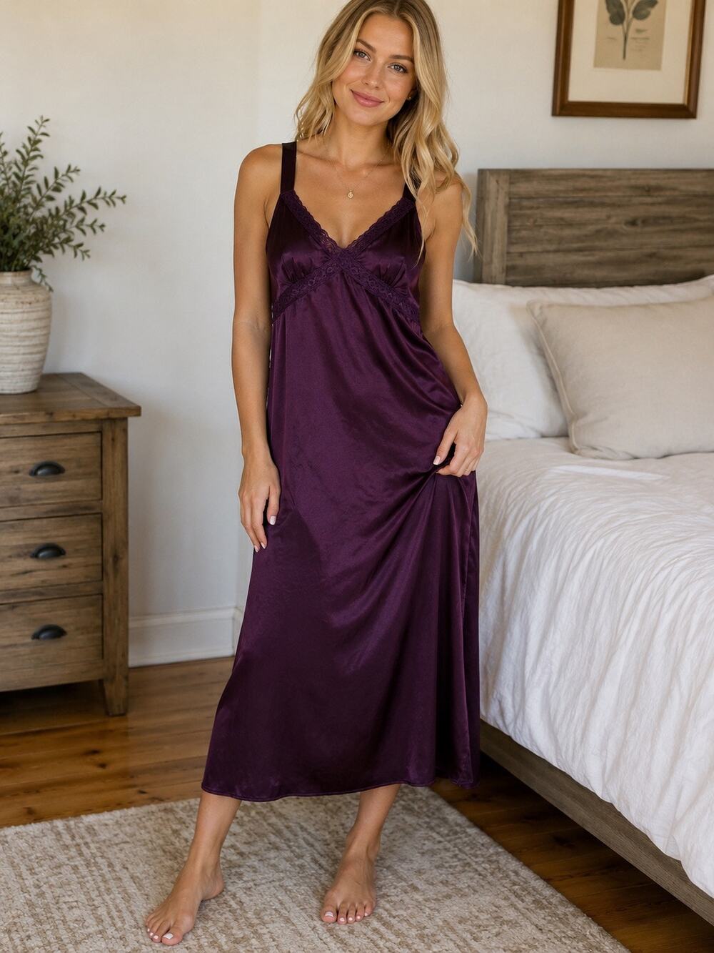 Altar’d State XS Plum Purple Satin Lace Maxi Slip Dress Cottagecore Romantic